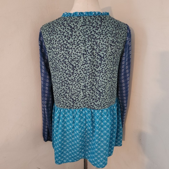 LOGO Lori Goldstein Colorblock Floral Print Ruffle Neck Long Sleeve Tunic Top S - Picture 2 of 5